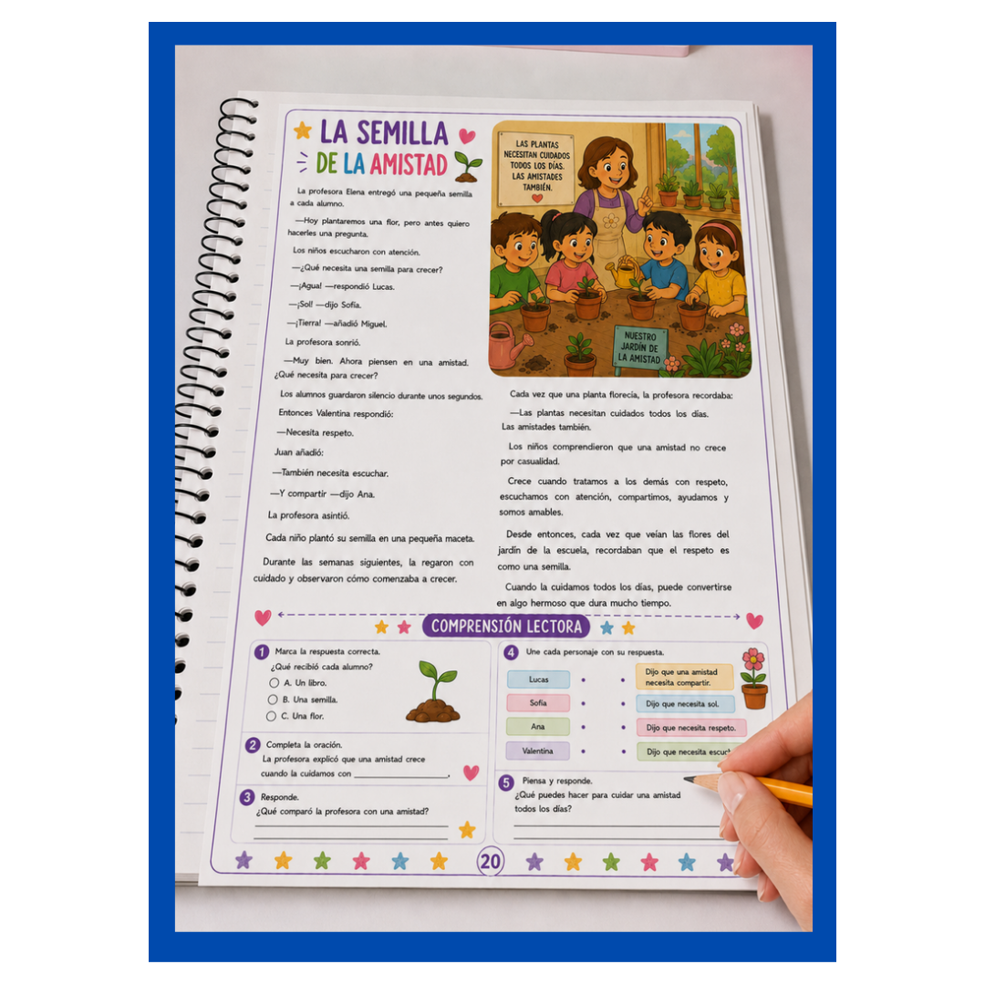 Página interna de historia con actividad de comprensión lectora
